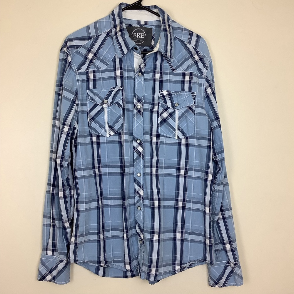 BKE Athletic Fit Pearl Snap Western Style Casual Button Down Shirt Men's Size L
